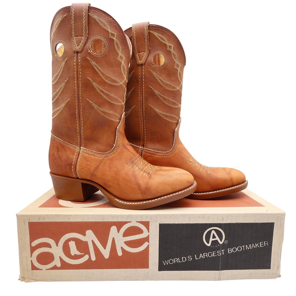 Acme Vintage Cowboy Boots Kids 3.5 D Russet Driftwood Leather New In Box